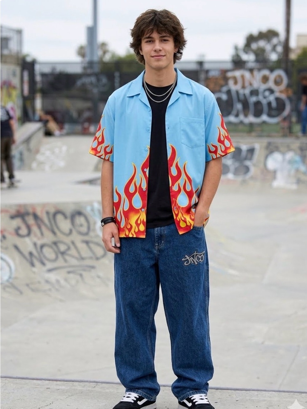 Vintage JNCO Jeans Triple Flame Button Up Shirt Light Blue Y2K 90s Skate Size M